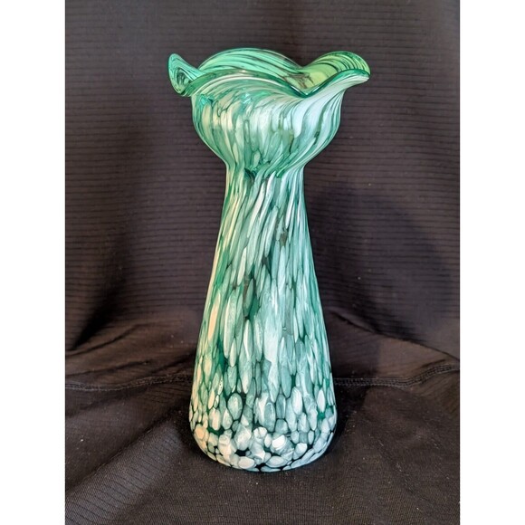 Vtg Hand Blown Aqua & White Marble Spatter Confetti Swirl Glass Ruffled Vase - Picture 6 of 6
